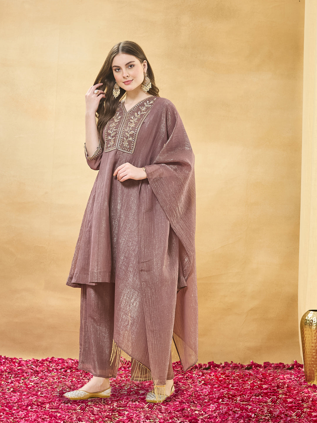 Mauve Embroidered Anarkali Suit Set with Dupatta for women