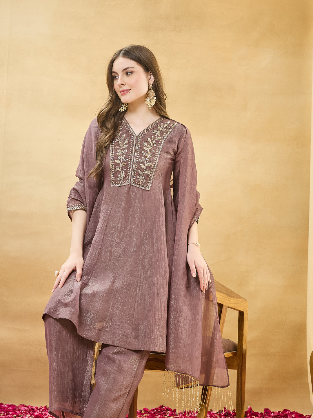 Mauve Embroidered Anarkali Suit Set with Dupatta for women