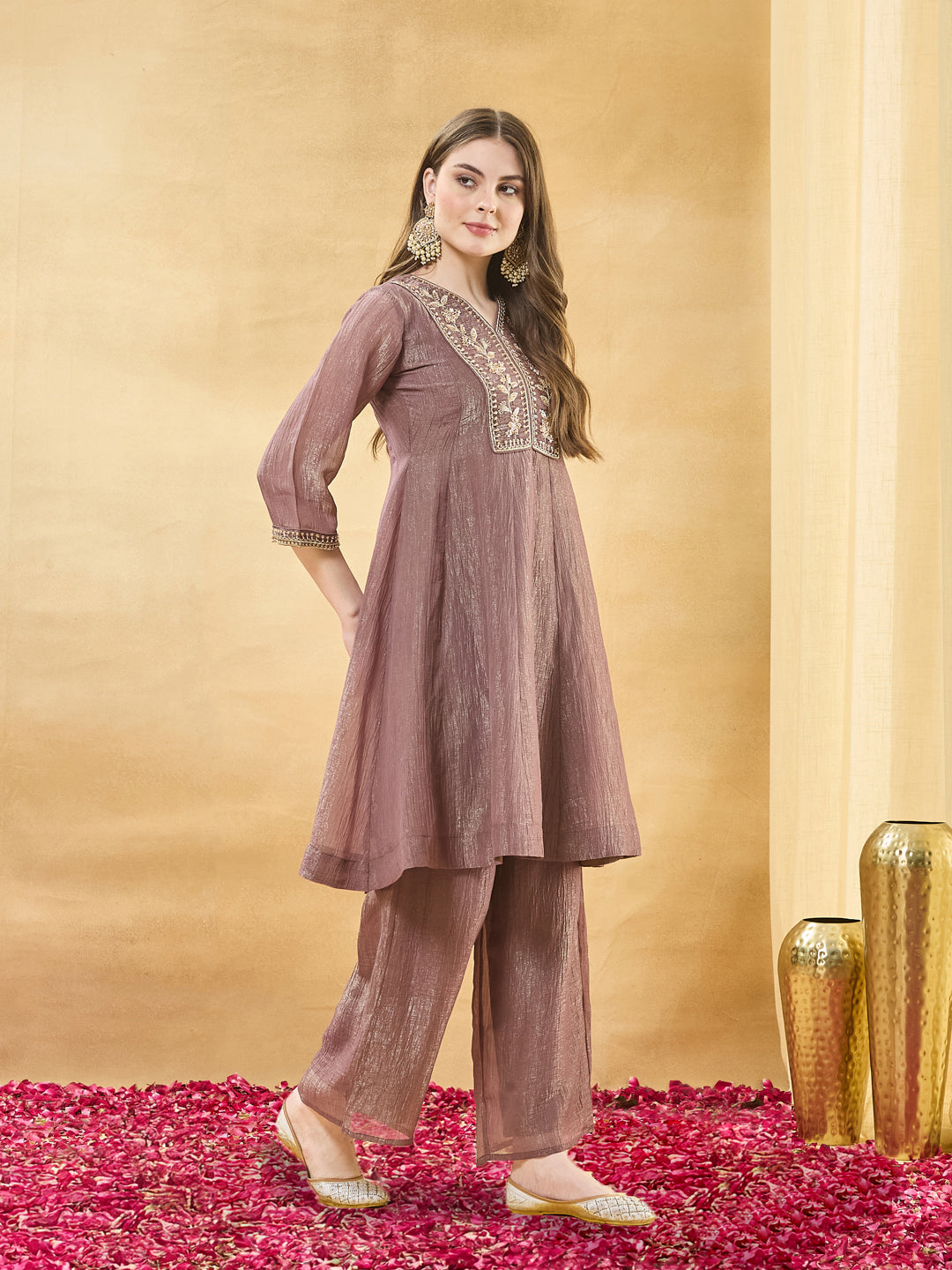Mauve Embroidered Anarkali Suit Set with Dupatta for women