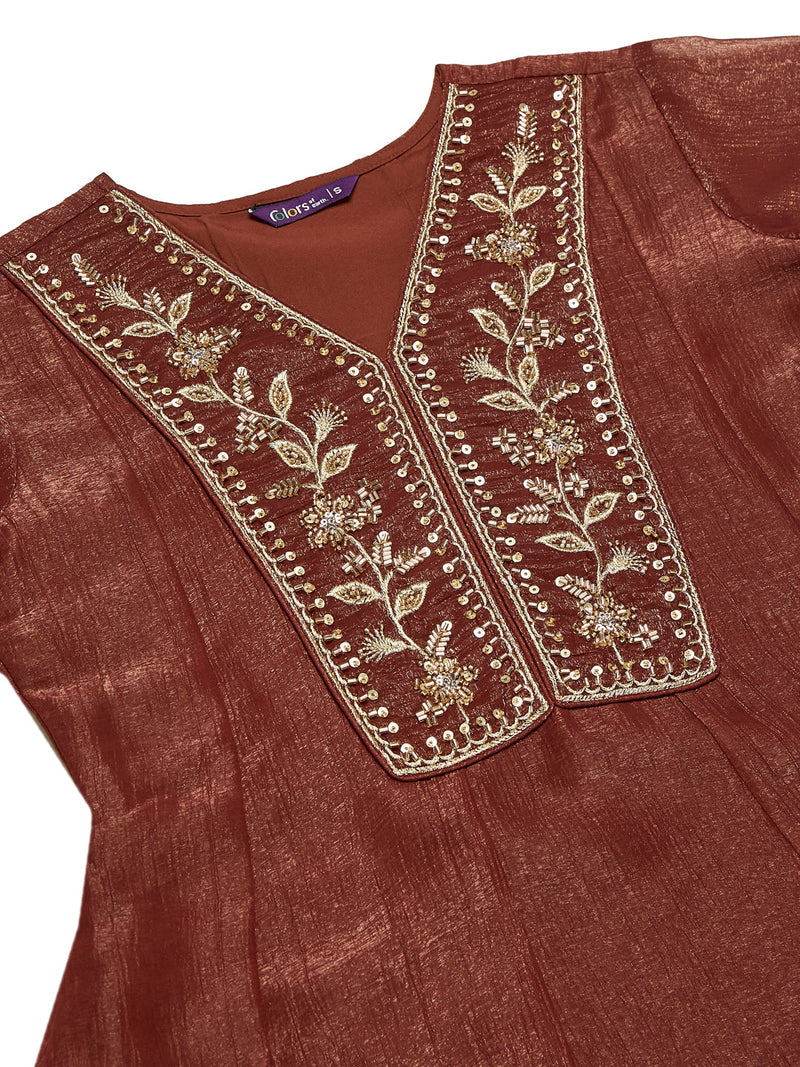 Rust Silk Ethnic Kurta Set with Straight Pants For Women
