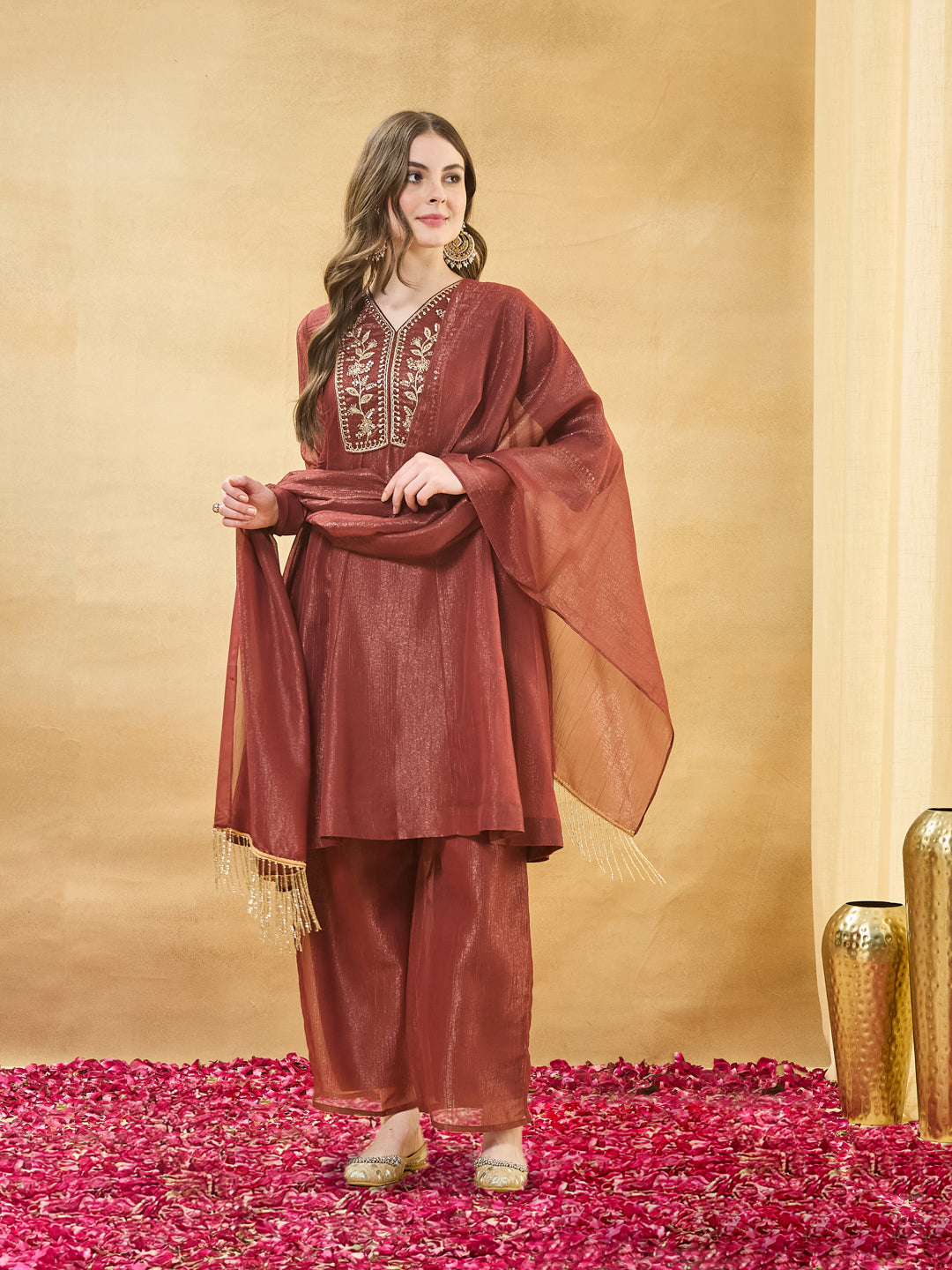 Rust Silk Ethnic Kurta Set with Straight Pants For Women
