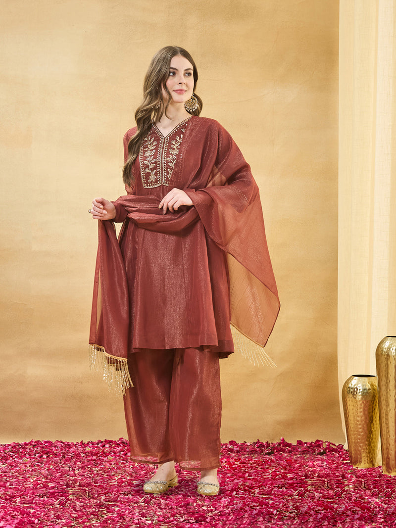 Rust Silk Ethnic Kurta Set with Straight Pants For Women