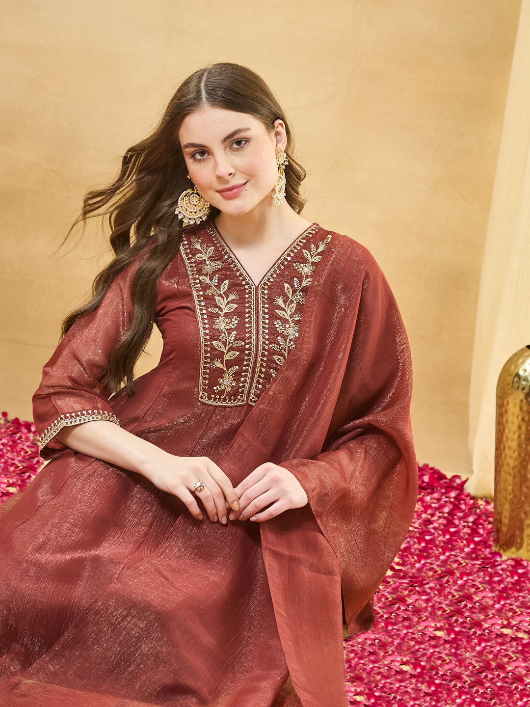 Rust Silk Ethnic Kurta Set with Straight Pants For Women
