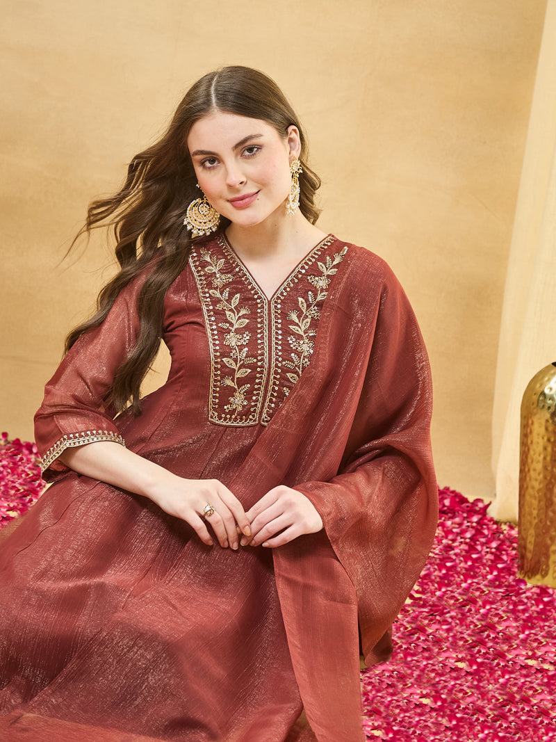 Rust Silk Ethnic Kurta Set with Straight Pants For Women