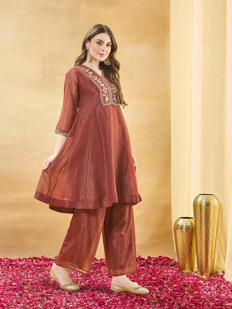 Rust Silk Ethnic Kurta Set with Straight Pants For Women