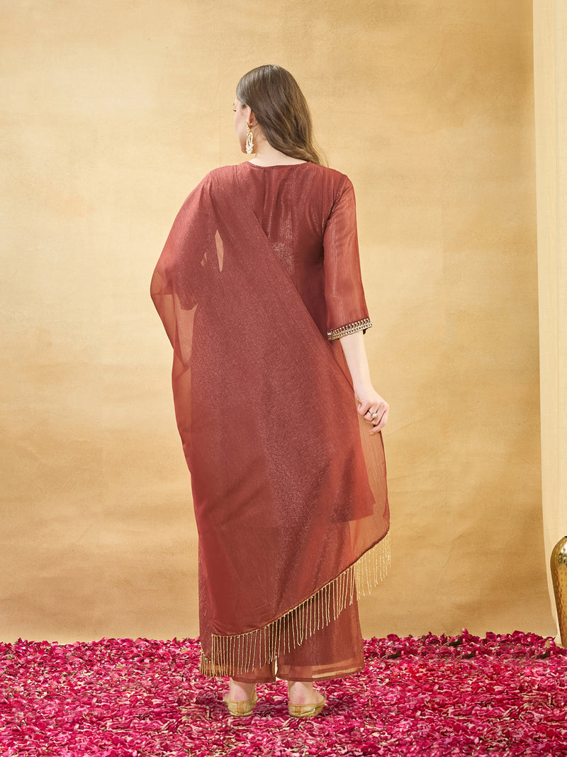 Rust Silk Ethnic Kurta Set with Straight Pants For Women