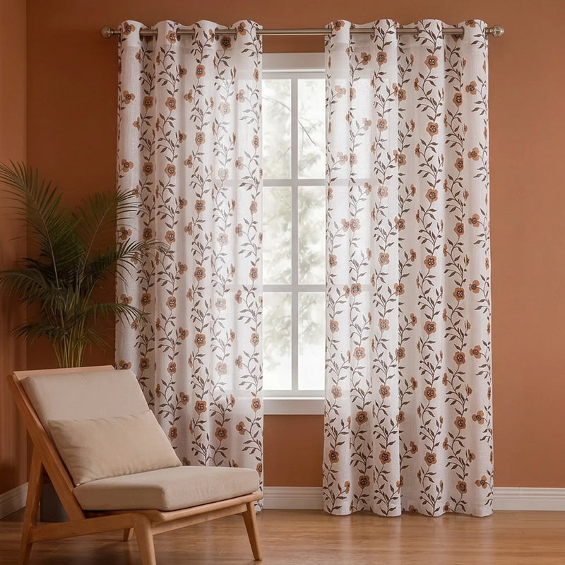 White Floral Velora Wines Eyelet Printed Sheer Curtain-1