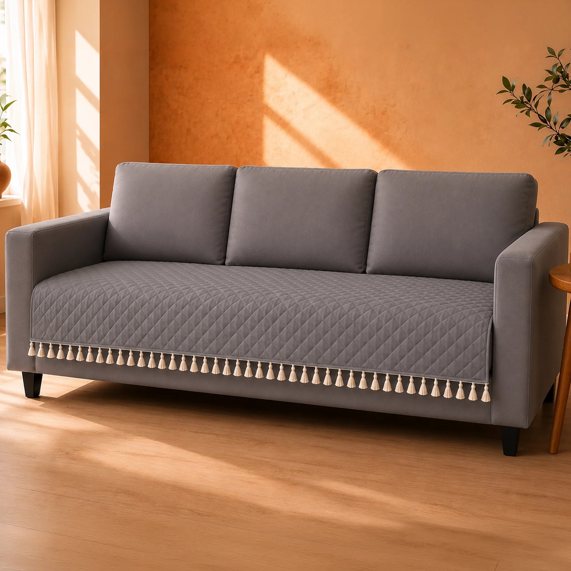 Quilted Velvet Sofa Cover with Tassels (Grey)-3