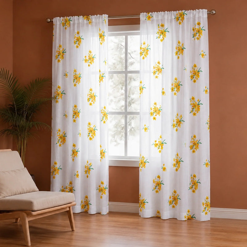 Imprimer Gleamflora - Flower Printed Rod Pocket Sheer Curtain (Yellow)-4