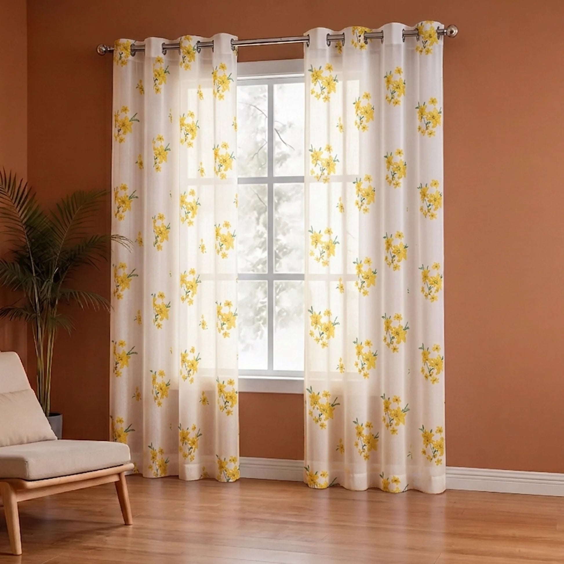 Imprimer Gleamflora - Flower Printed Eyelet Curtain (Yellow)-4
