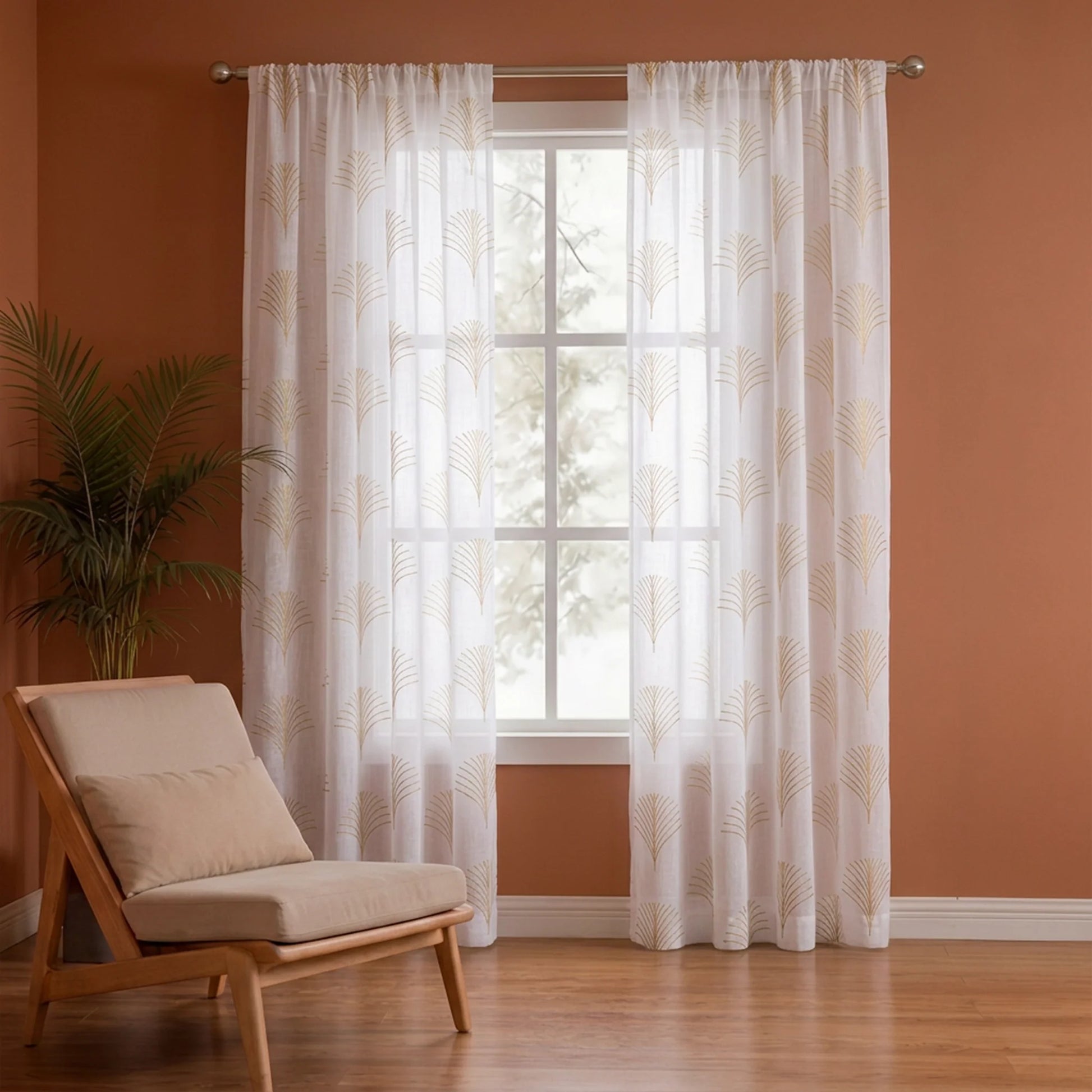 Imprimer Palmetto Plume - Gold Tree Printed Rod Pocket Sheer Curtain-5
