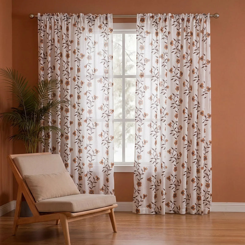 White Floral Velora Wines Rod Pocket Printed Sheer Curtain-1