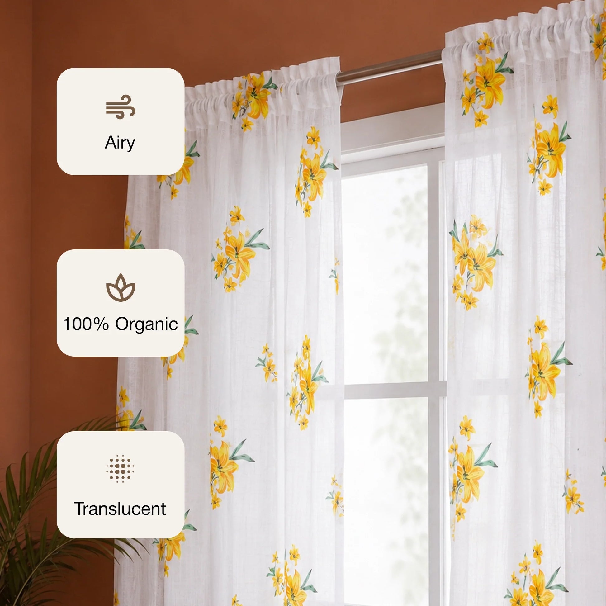 Imprimer Gleamflora - Flower Printed Rod Pocket Sheer Curtain (Yellow)-3