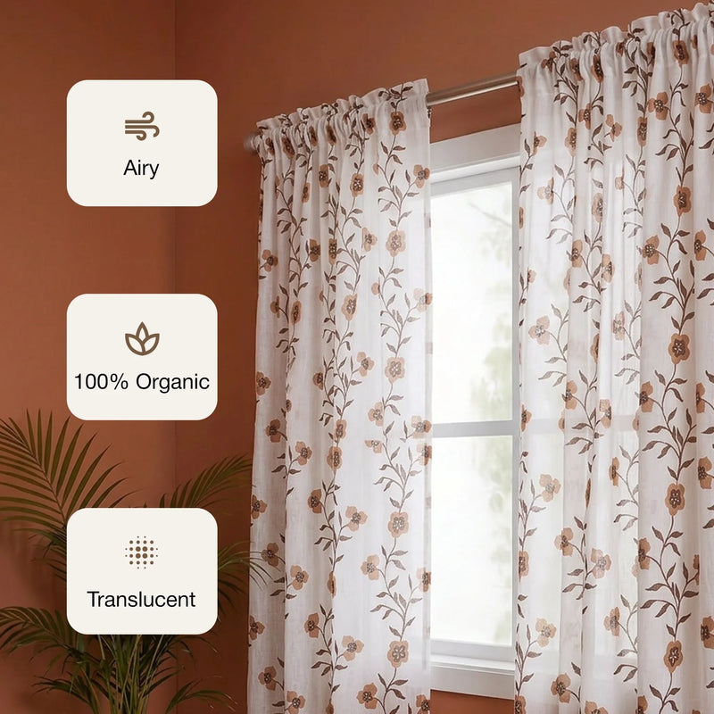 White Floral Velora Wines Rod Pocket Printed Sheer Curtain-3