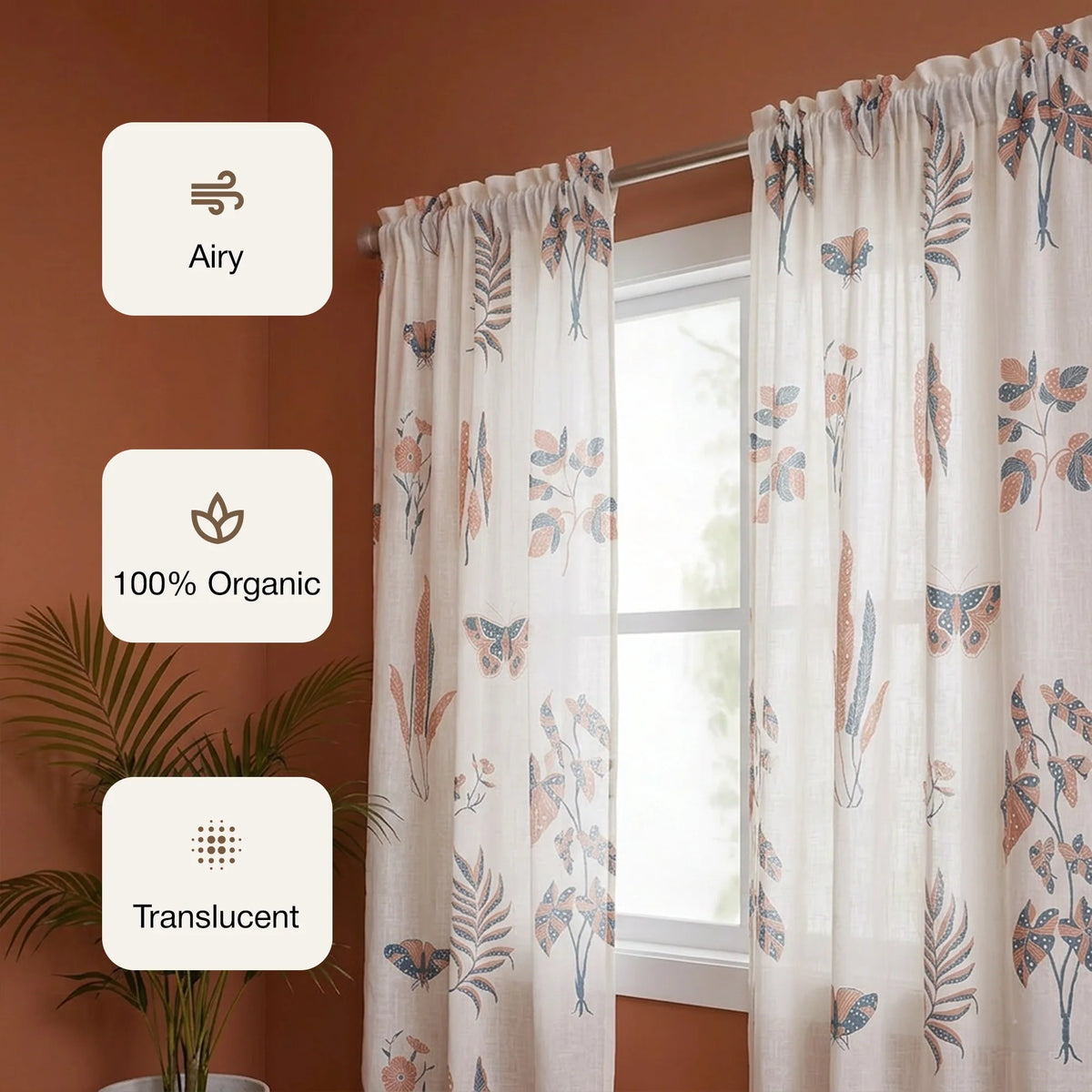 White Lunaria Garden Rod Pocket Printed Sheer Curtain