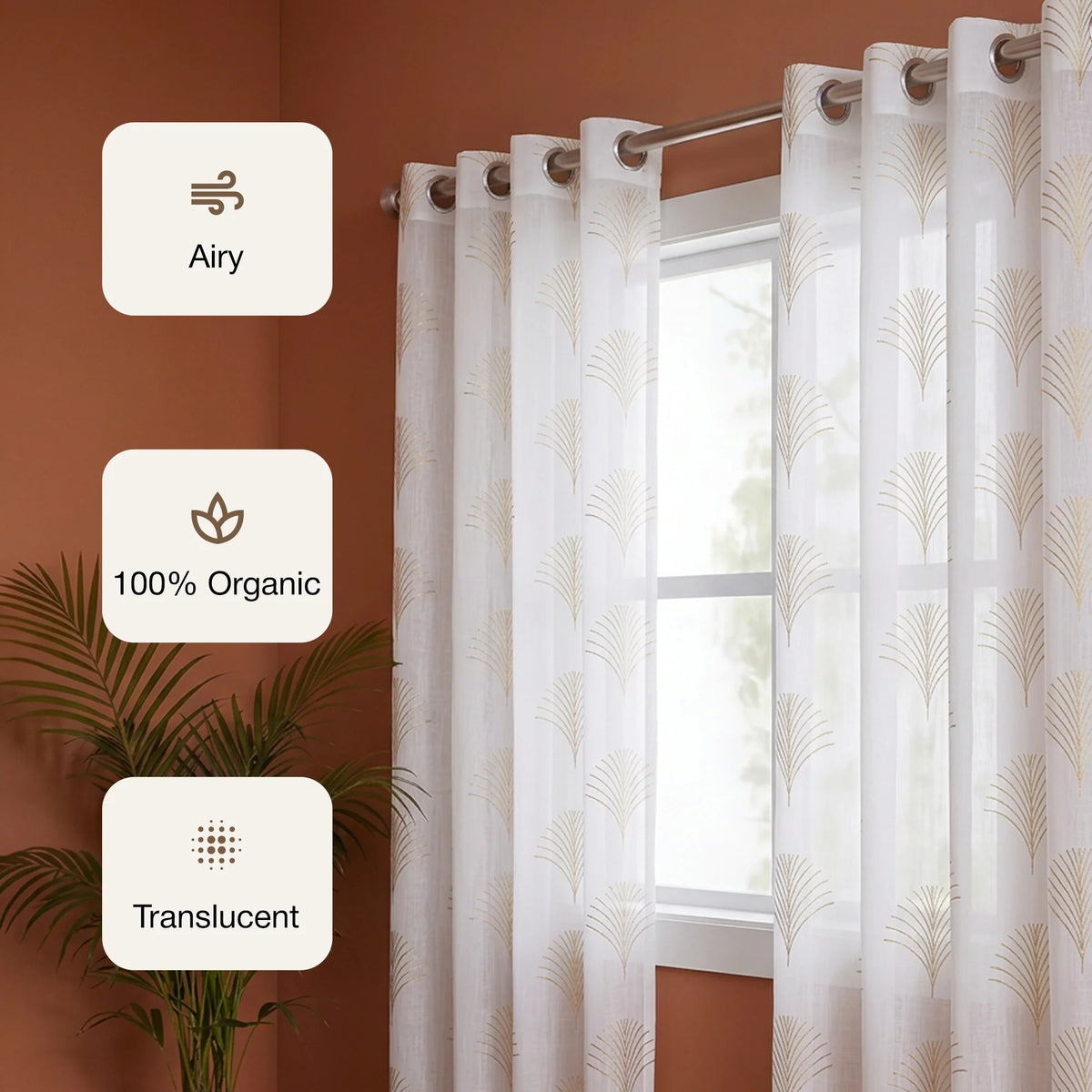 Imprimer Palmetto Plume - Gold Tree Printed Eyelet Sheer Curtain