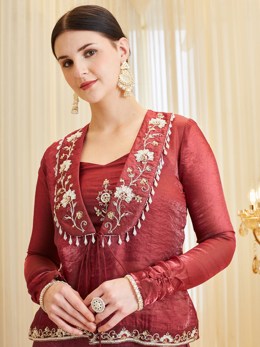 Berry Silk Embroidered Solid Top & Palazzo With Jacket Set For Women