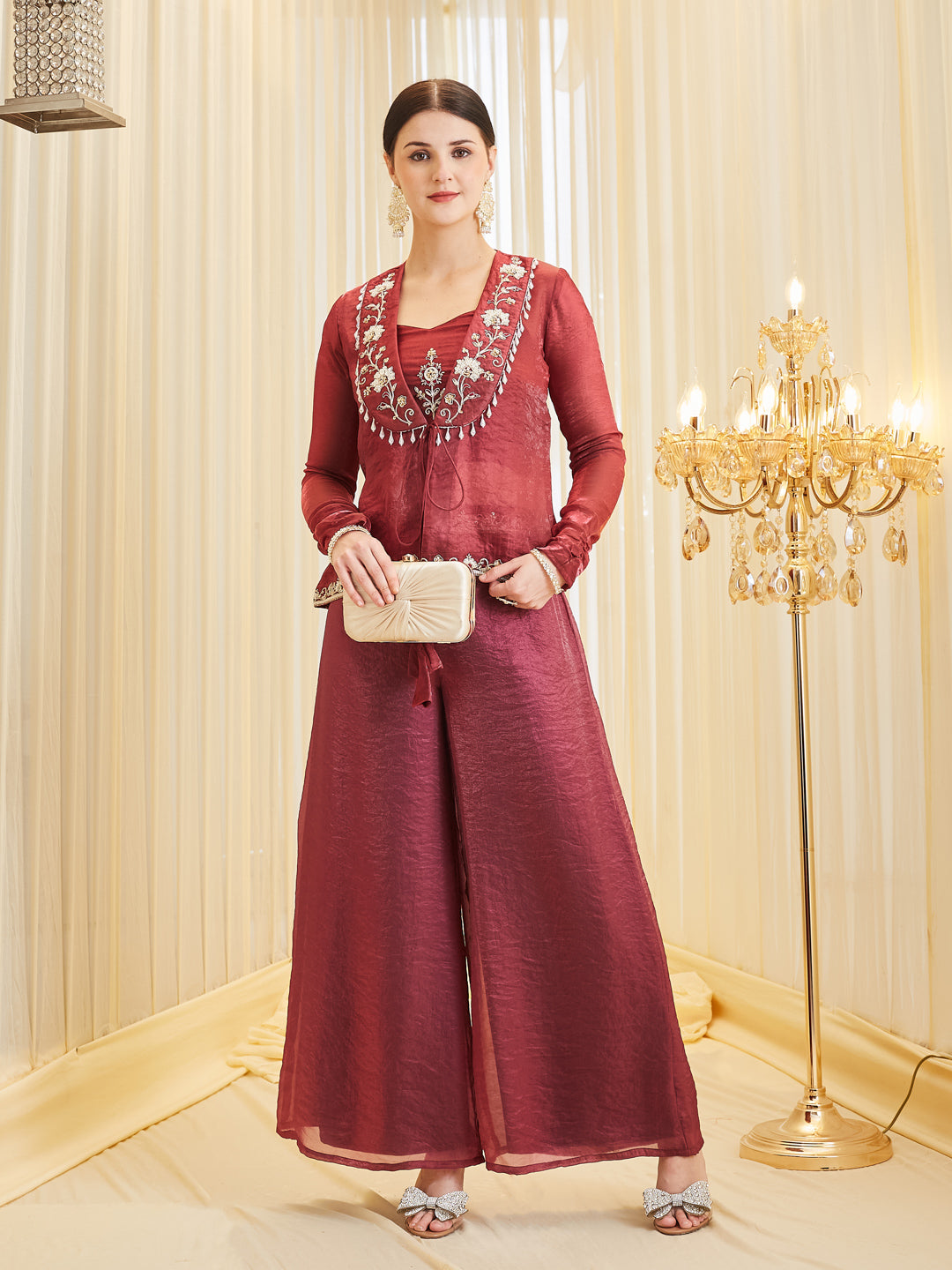 Berry Silk Embroidered Solid Top & Palazzo With Jacket Set For Women