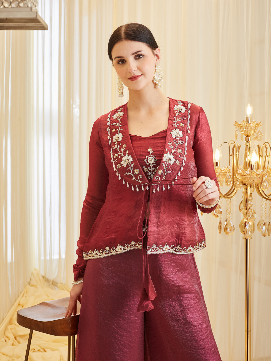 Berry Silk Embroidered Solid Top & Palazzo With Jacket Set For Women