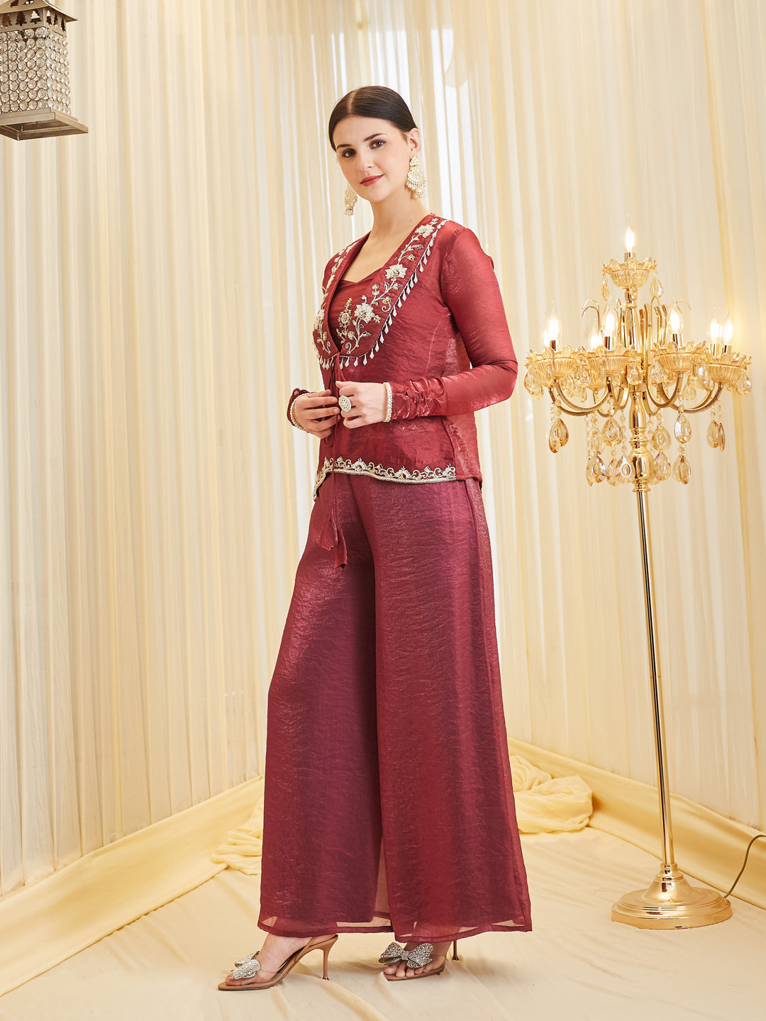 Berry Silk Embroidered Solid Top & Palazzo With Jacket Set For Women