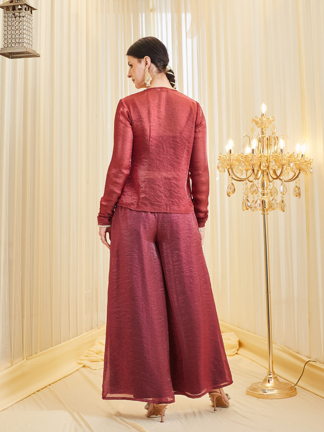 Berry Silk Embroidered Solid Top & Palazzo With Jacket Set For Women
