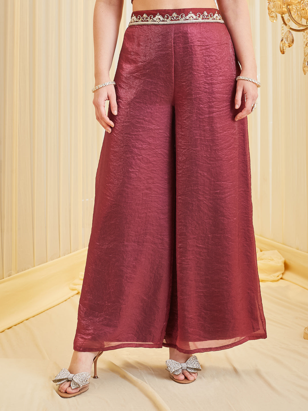 Berry Silk Embroidered Solid Top & Palazzo With Jacket Set For Women