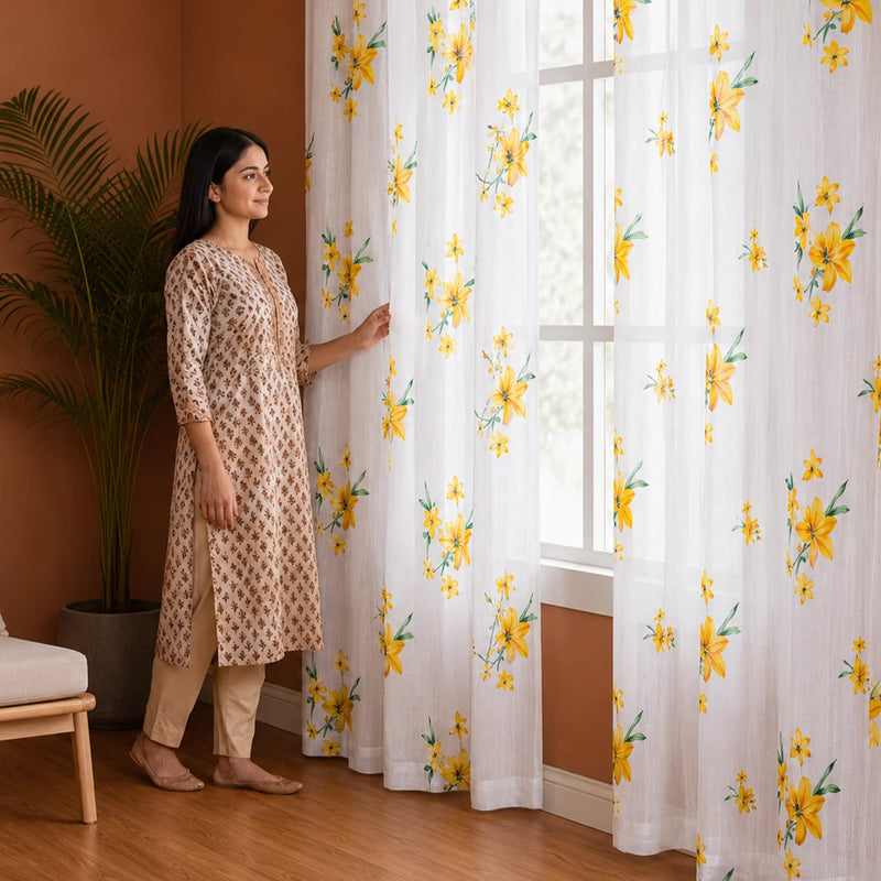 Imprimer Gleamflora - Flower Printed Eyelet Curtain (Yellow)-5