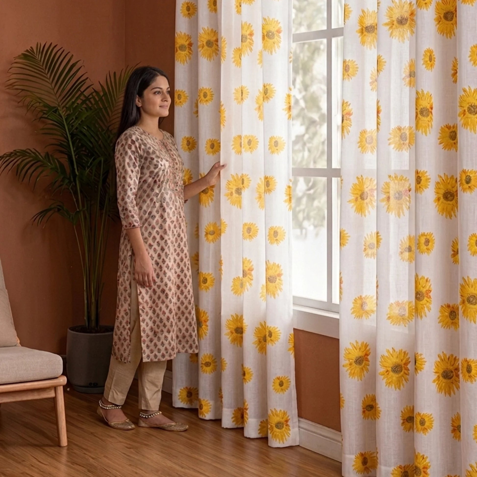 Imprimer Blooming Sunflowers - Printed Sheer Eyelet Curtain-3
