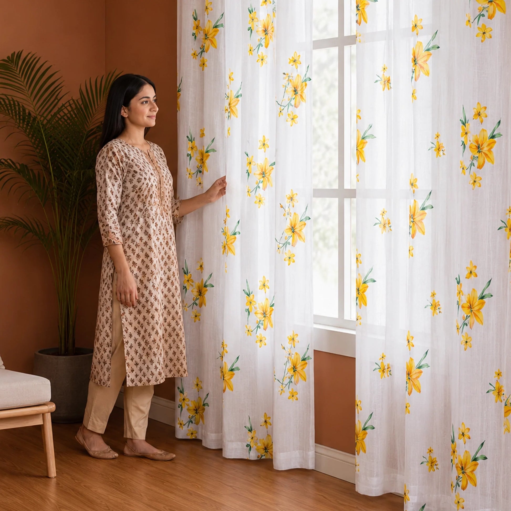 Imprimer Gleamflora - Flower Printed Rod Pocket Sheer Curtain (Yellow)-5