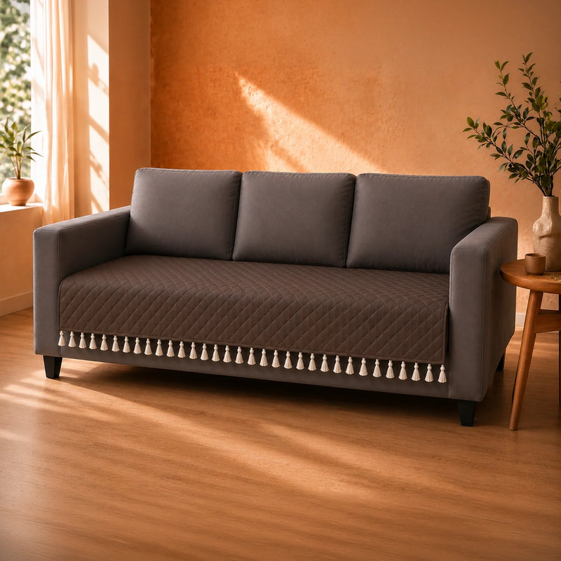Quilted Velvet Sofa Cover with Tassels (Brown)-3