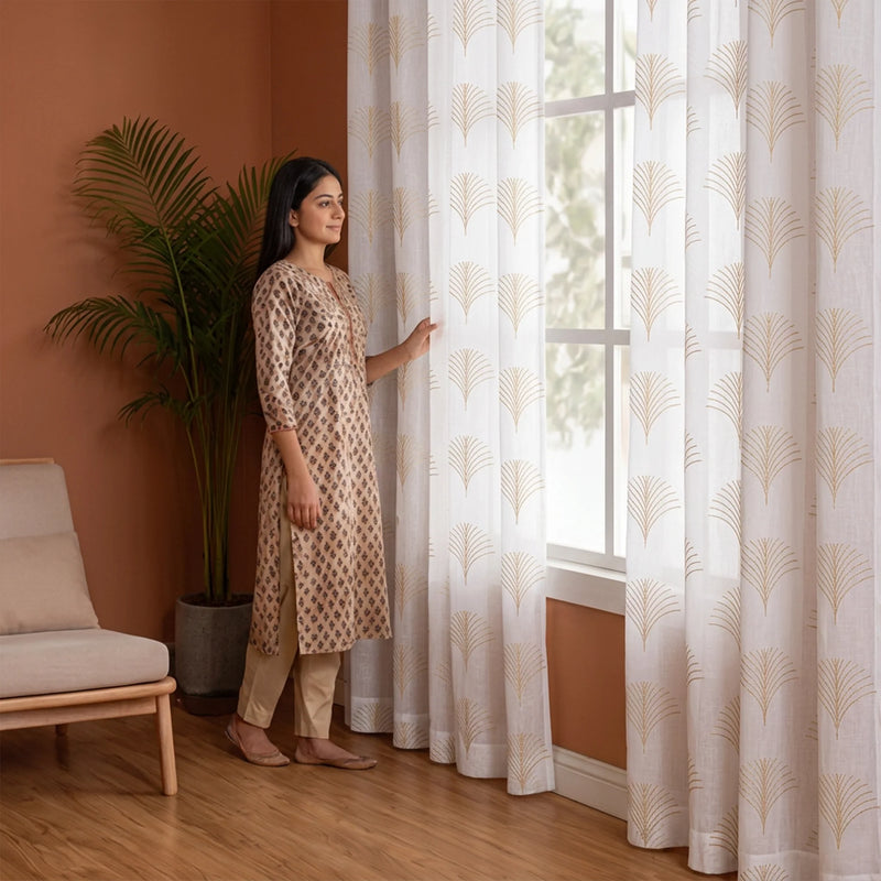 Imprimer Palmetto Plume - Gold Tree Printed Rod Pocket Sheer Curtain-3