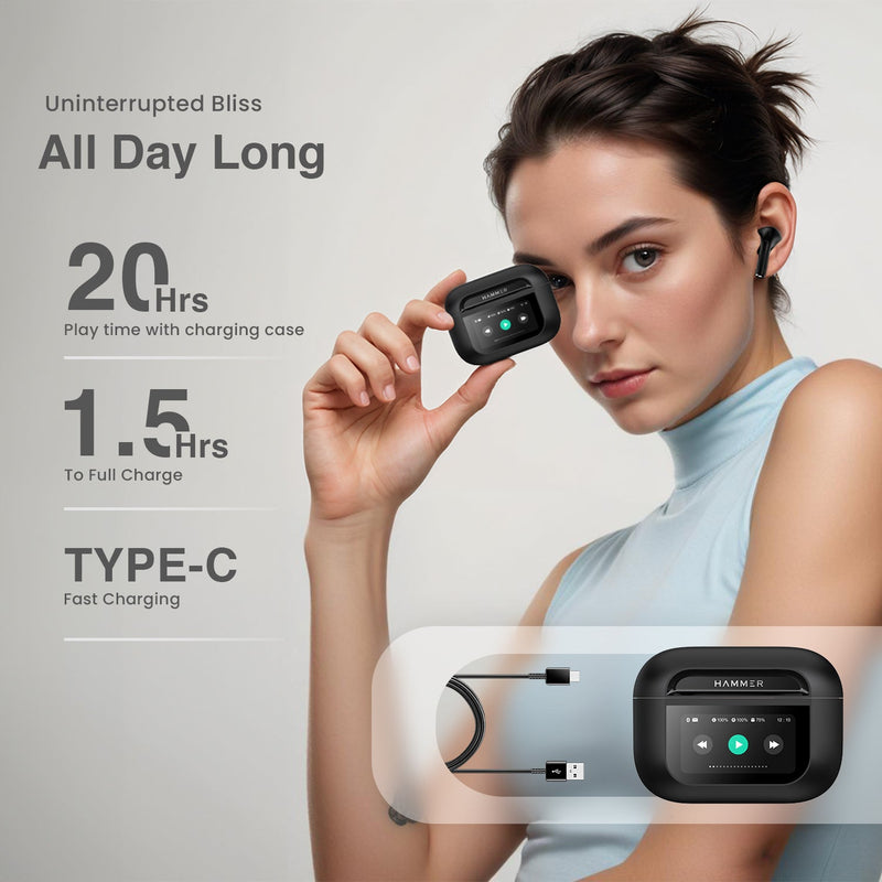 Hammer Screen TWS Bluetooth Earbuds with 32 db ANC + ENC and On Case Display-13