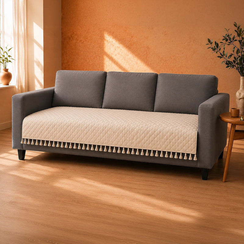 Quilted Velvet Sofa Cover with Tassels (Beige)-3