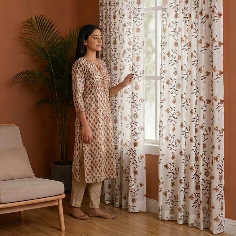 White Floral Velora Wines Eyelet Printed Sheer Curtain-5