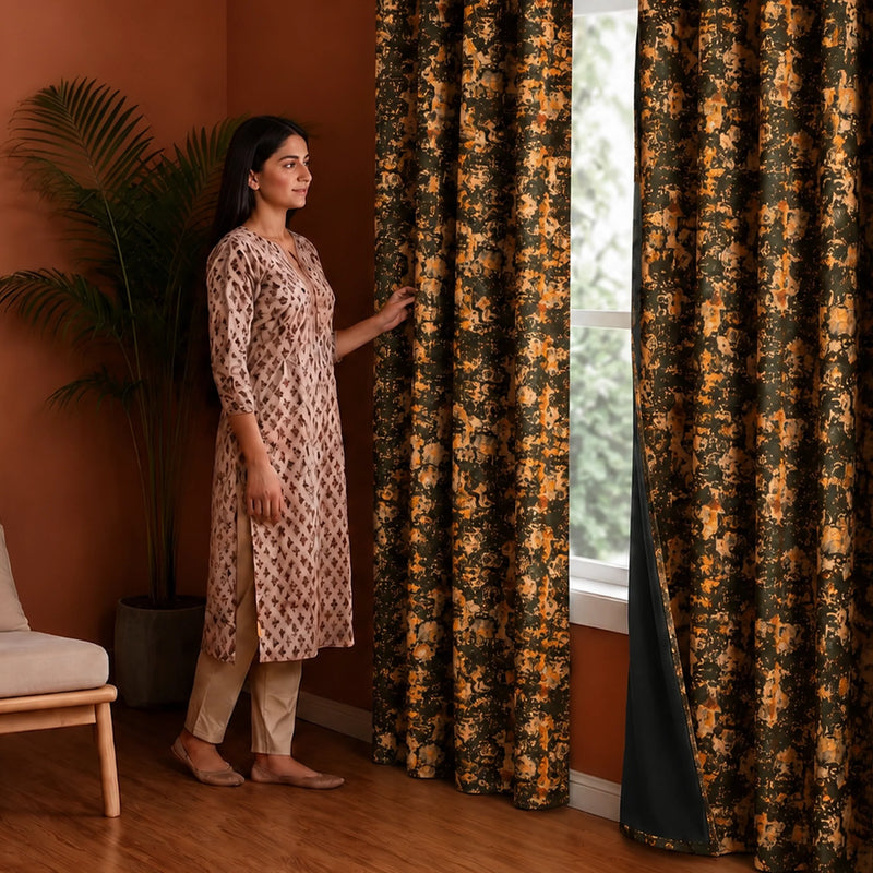 Imprimer Abstract - Rod Pocket DP Blackout Curtain (Black & Mustard)-5