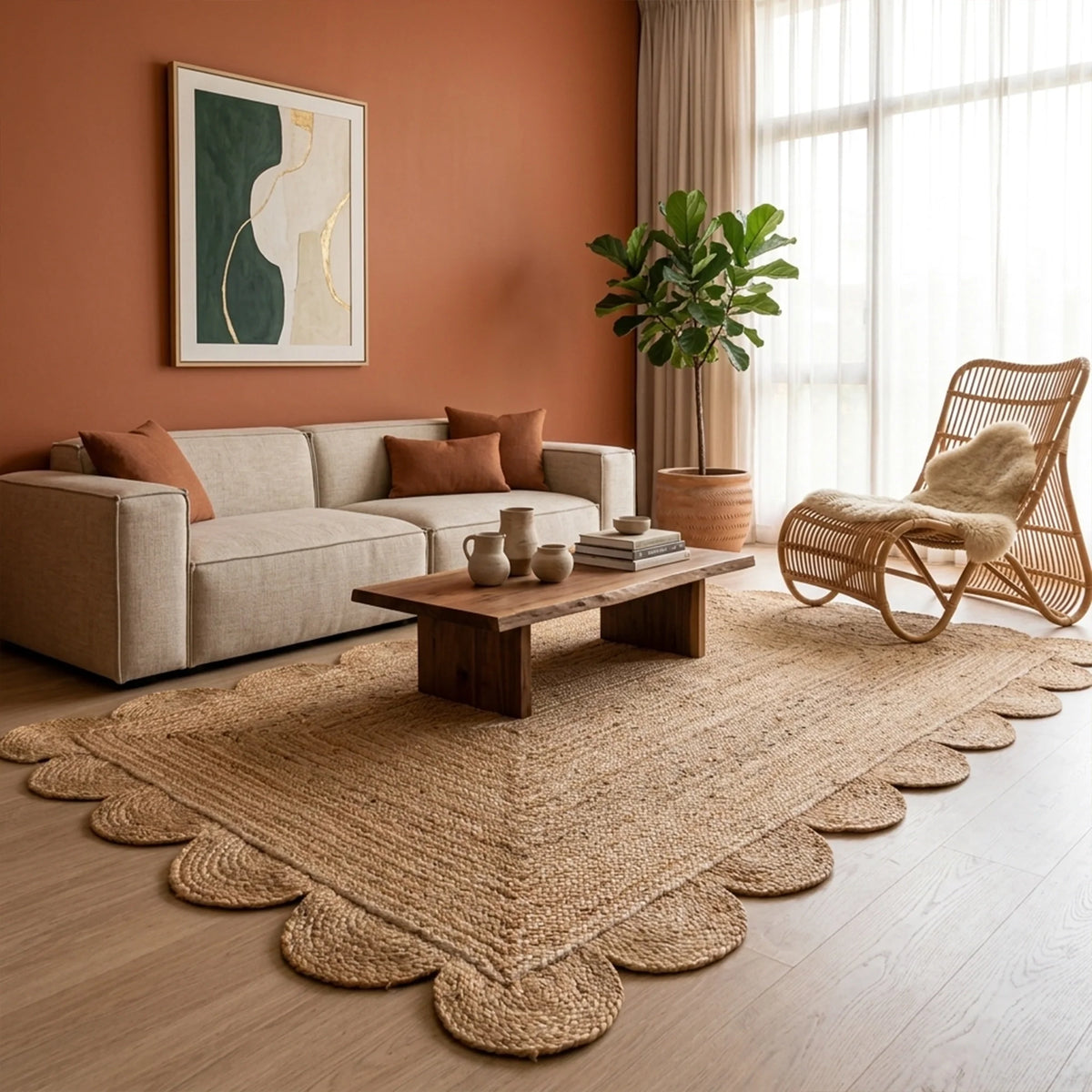 Natural Scalloped Jute Area Rug - Rectangular-17