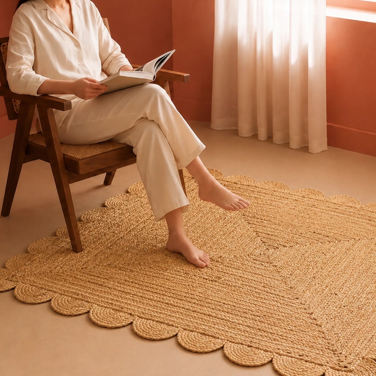 Natural Scalloped Jute Area Rug - Rectangular-12