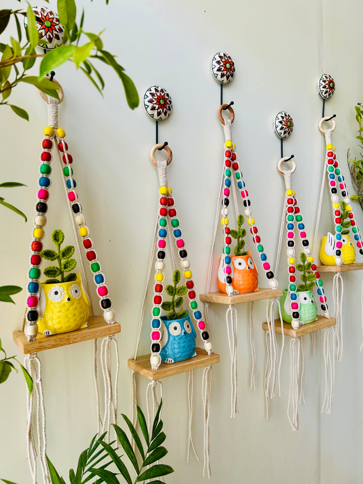 Colorful Macrame Beaded’ Mini Wall Shelves with ceramic hooks and ceramic owl planters