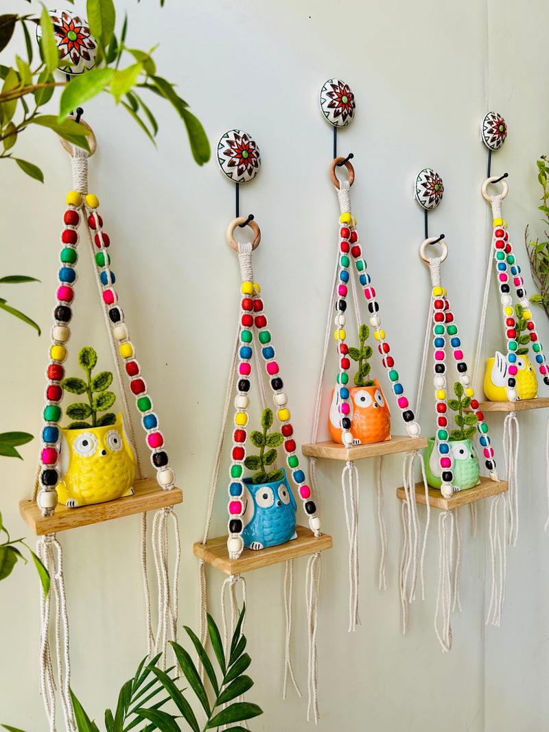 Colorful Macrame Beaded’ Mini Wall Shelves with ceramic hooks and ceramic owl planters