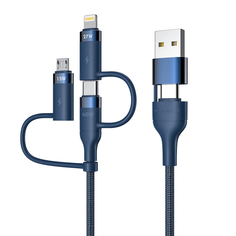HAMMER 60W 5 in 1 Cable, PD Fast Charging Cable, USB C/A to 60W Type C / 15W Micro / 27W Lightning - Blue-1