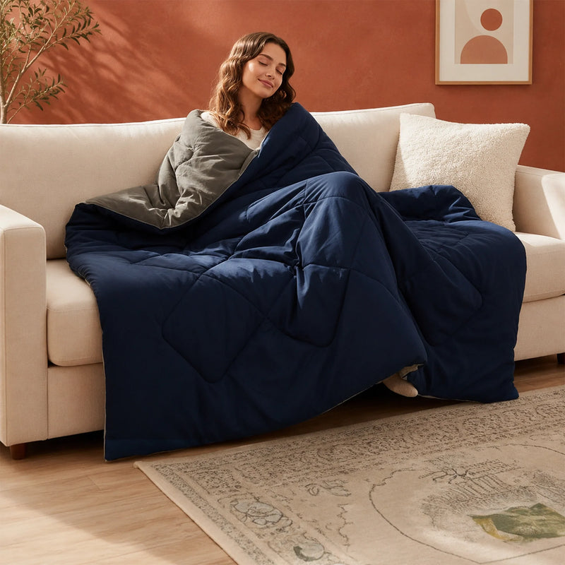 Fort - Box Stitch Duvet Comforter (Dark Blue & Light Grey)-1
