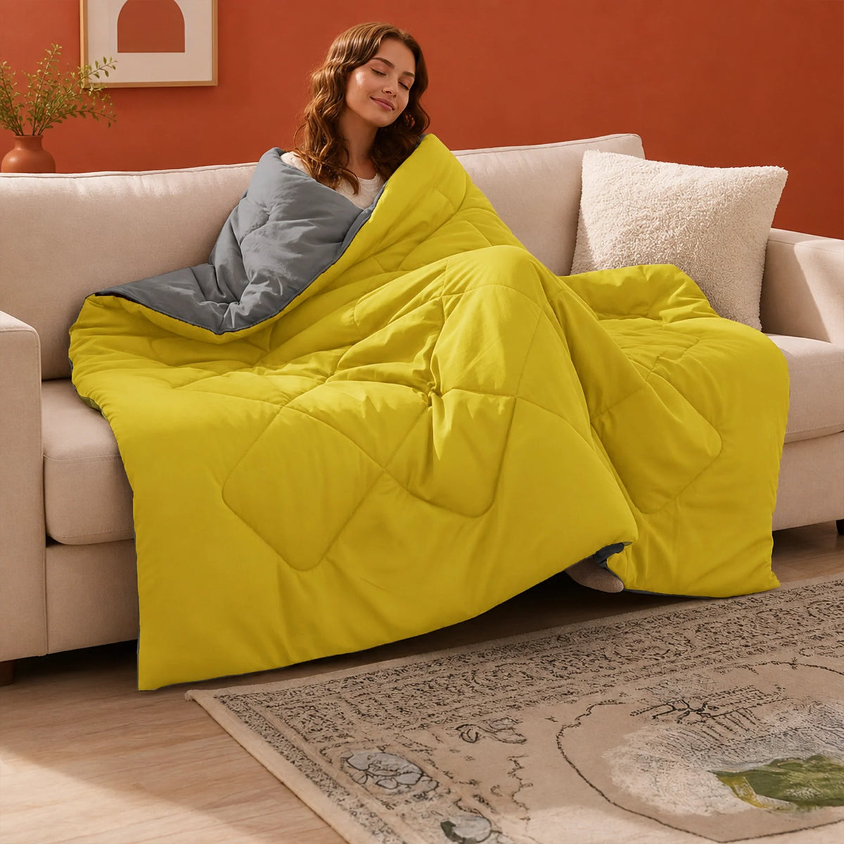 Fort - Box Stitch Duvet Comforter (Mango Yellow & Dark Grey)
