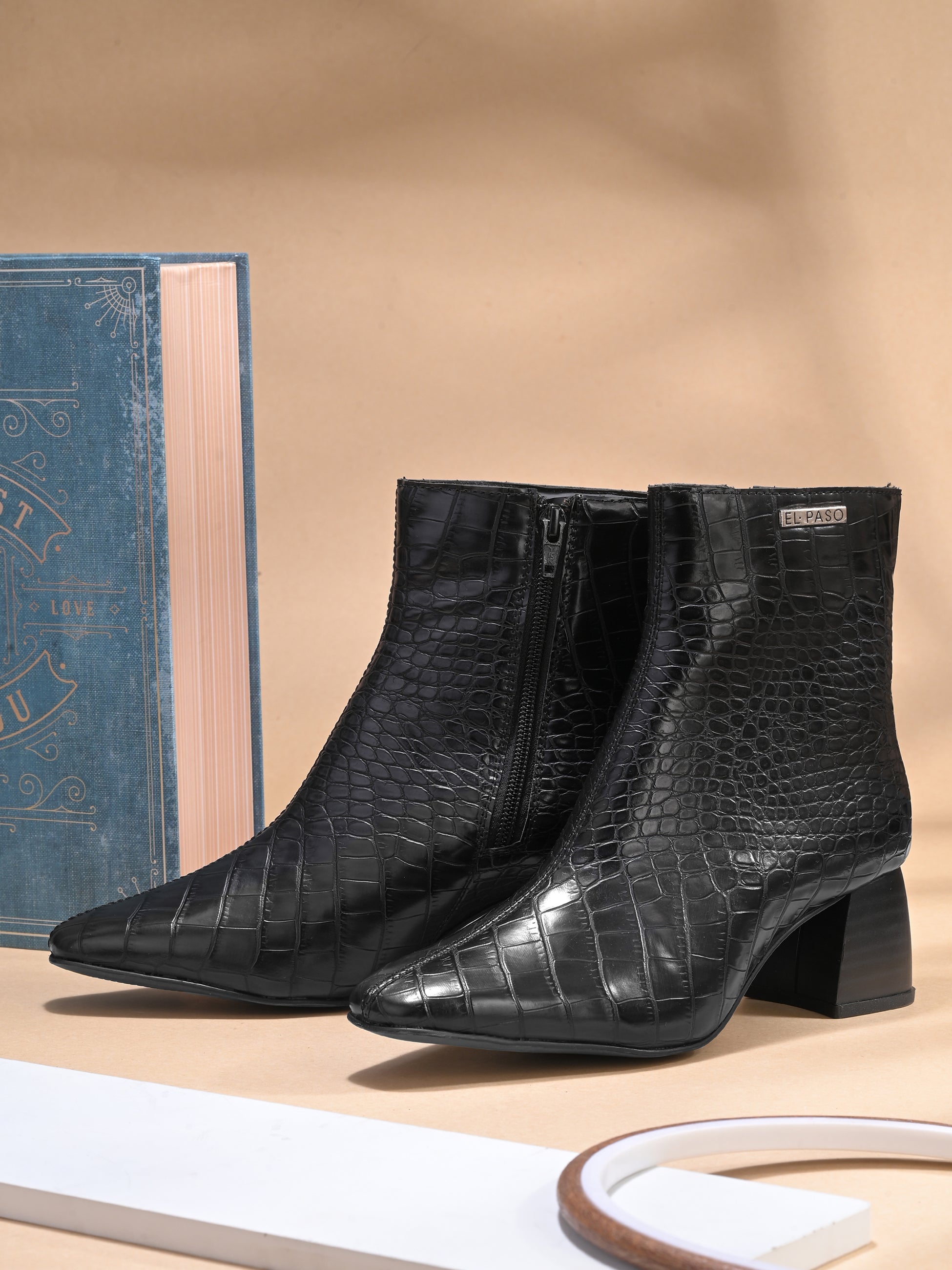 Black croc-embossed ankle boot with block heel and El Paso branding