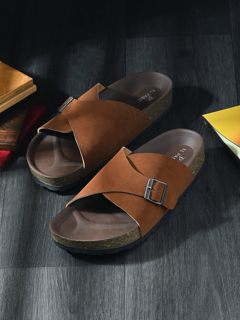 Tan Men's casual flat heel with buckle strap slip-on sandal