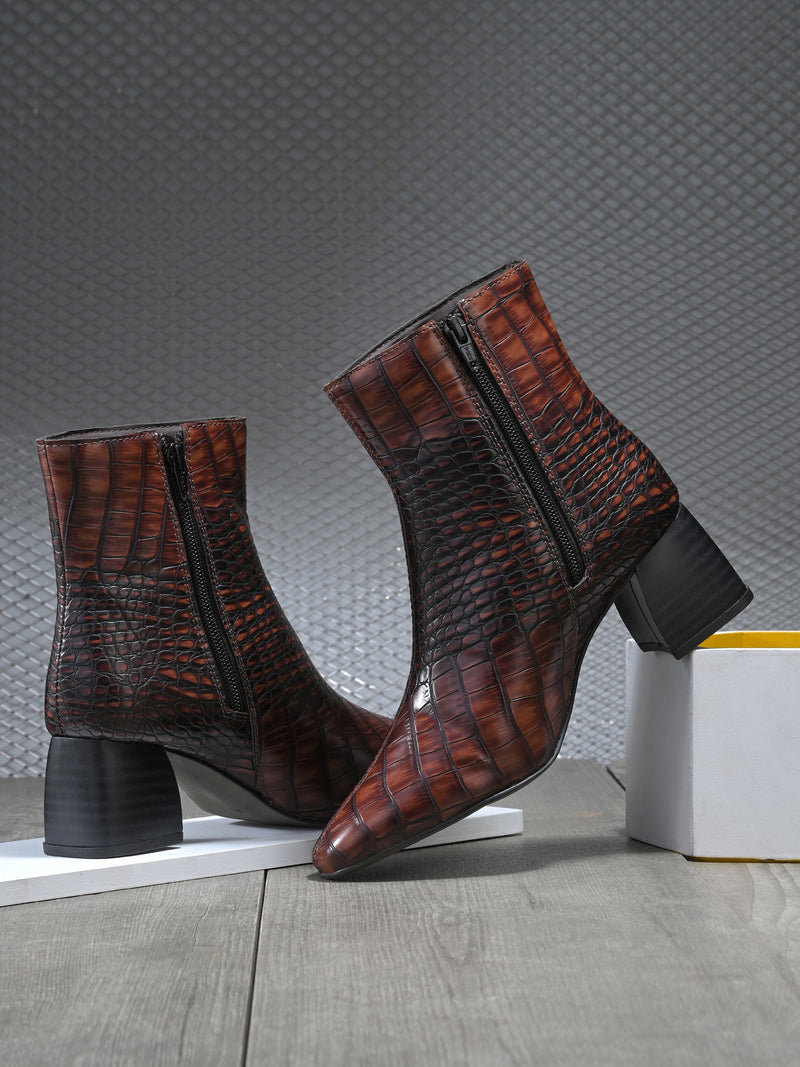 Brown crocodile-patterned high heel boot with a block heel and El Paso branding.