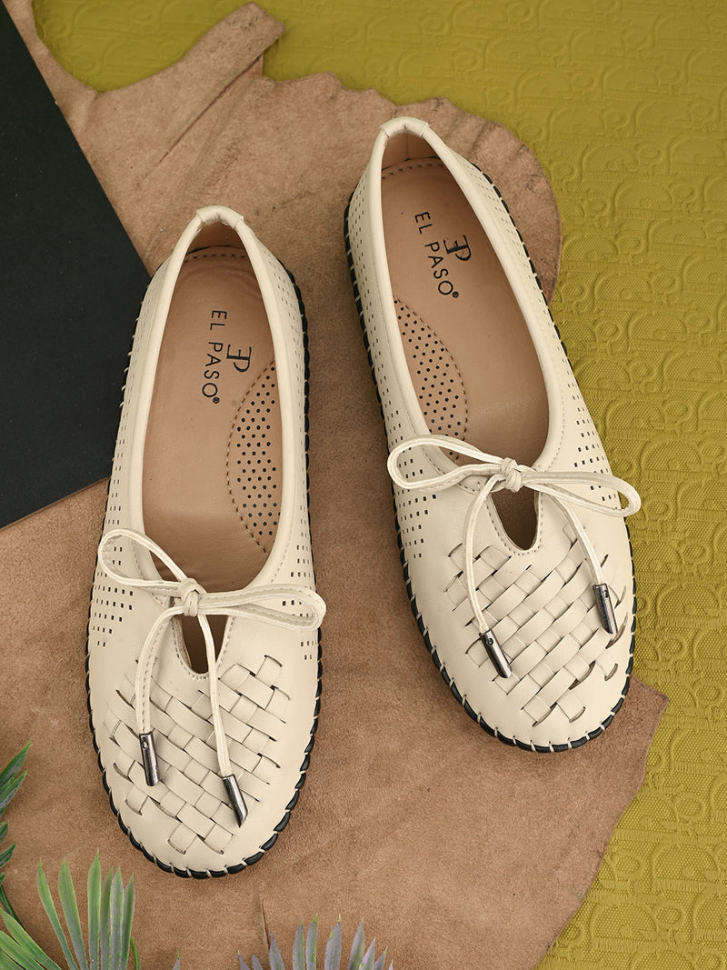 A beige Women Bows Ballerina Flats with a perforated and woven upper, round toe, metallic-tipped bow detail, and a flexible black rubber outsole for comfort and casual wear.