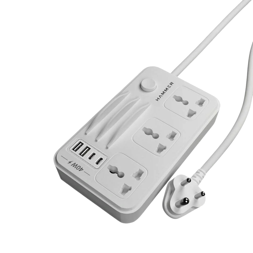 HAMMER Power Strip with 3 Universal Sockets with Child Security, 2 USB Ports and 2 Type C 20w PD, Mobile Holder, 2300W with 1.5 Meter Cable White-4