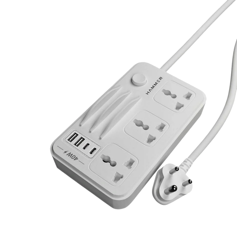 HAMMER Power Strip with 3 Universal Sockets with Child Security, 2 USB Ports and 2 Type C 20w PD, Mobile Holder, 2300W with 1.5 Meter Cable White-4