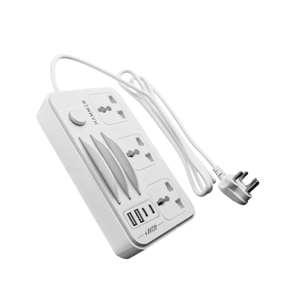 HAMMER Power Strip with 3 Universal Sockets with Child Security, 2 USB Ports and 2 Type C 20w PD, Mobile Holder, 2300W with 1.5 Meter Cable White