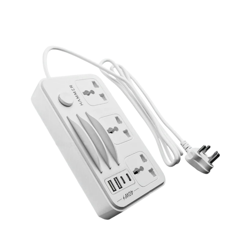 HAMMER Power Strip with 3 Universal Sockets with Child Security, 2 USB Ports and 2 Type C 20w PD, Mobile Holder, 2300W with 1.5 Meter Cable White-2